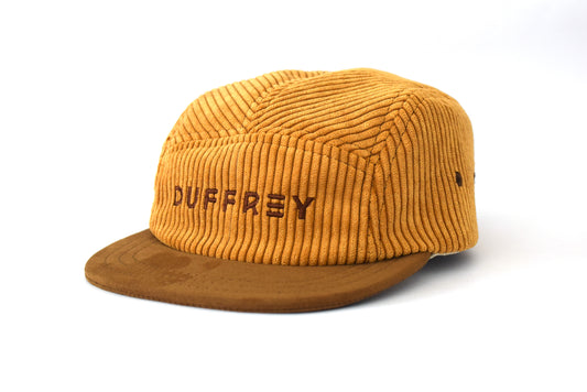 Brown corduroy cap with 'Duffrey' branding on a white background